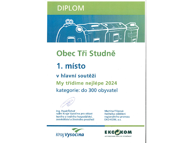 Diplom za 1. místo v soutěži My třídíme nejlépe 2024
